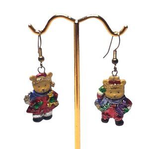 Festive Christmas Earrings Boy and Girl Bears Pierced Brightly Colored Sparkled